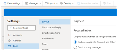 Screenshot: Einstellungen > Posteingang mit Relevanz für E-Mail-Layout >>