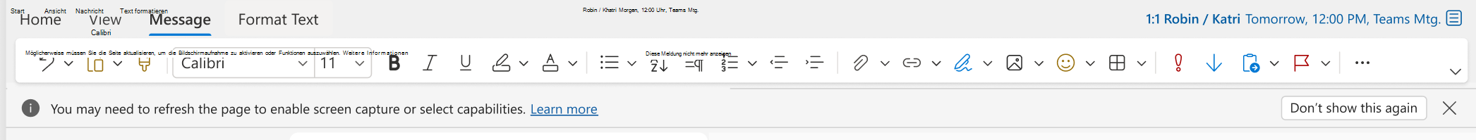Infoleiste für Outlook für Web, wenn die Funktion 