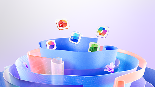 Abstrakte Illustration mit den Symbolen für Microsoft 365 Copilot, Excel, PowerPoint und Word