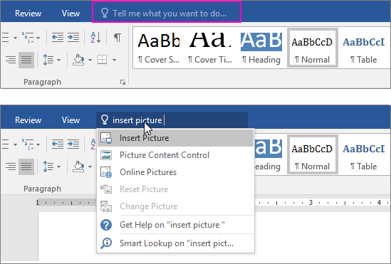 Shows the tell me search box on the ribbon in Word.
