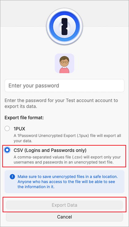 Cuadro de diálogo Exportar archivo de 1Password.