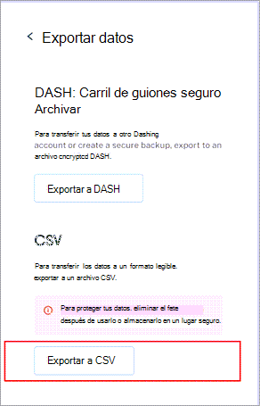 Menú Exportar datos de Dashlane, con el botón Exportar a CSV cerca de la parte inferior resaltado.