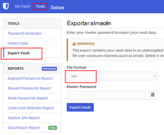 Ubicación de Export vault en Bitwarden