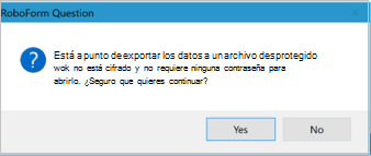 Cuadro de diálogo de confirmación Export de RoboForm para escritorio