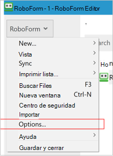 Menú Options de RoboForm para escritorio