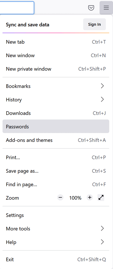 El menú principal de Firefox con la opción Contraseñas seleccionada.