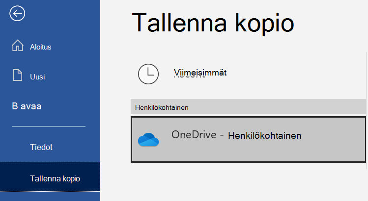 Sijaintiluettelo Word-asiakirjan Tallenna kopio -sivulla.