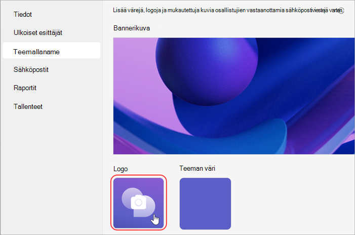 Näyttökuva korostetusta käyttöliittymästä, jossa näkyy, miten logo lisätään avoimeen kokoontumiseen
