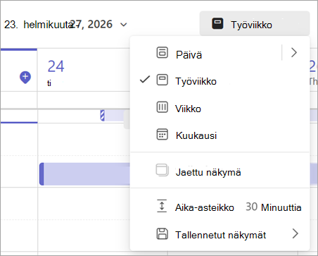 Näyttökuva avattavasta valikosta, jossa näkyy erilaisia kalenterinäkymiä Teamsissa.
