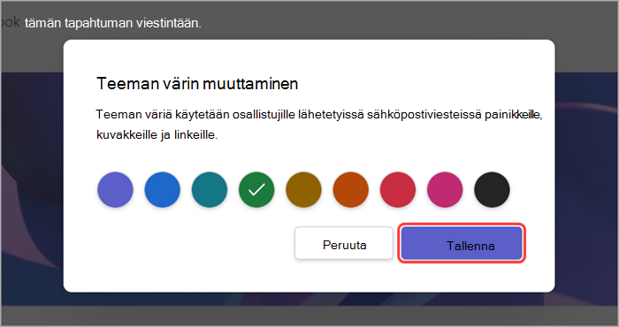 Näyttökuva korostetusta käyttöliittymästä, jossa näkyy, miten avoimen kokoontumisen teeman väriä voi muuttaa