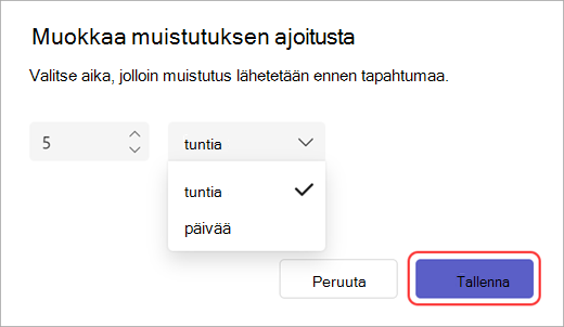 Näyttökuva muistutuksen sähköpostin lähetysaikaeditorista Teamsissa.