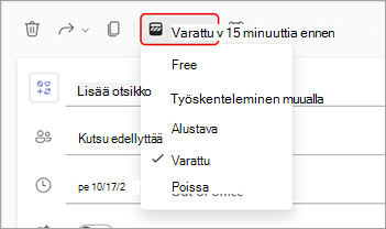 Näyttökuva Teams-kokouksen tilana näytettävän avattavasta valikosta.