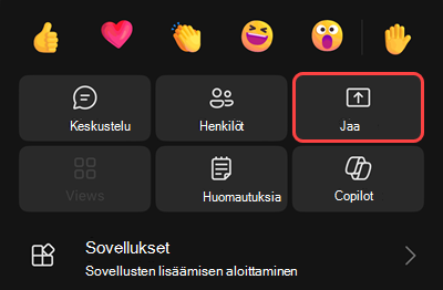 Kokouksen valikko, jossa voit aloittaa tallennuksen, asettaa itsesi pitoon, soittaa itsellesi, jakaa, hankkia valintapaneelin tai poistaa saapuvan videon käytöstä.
