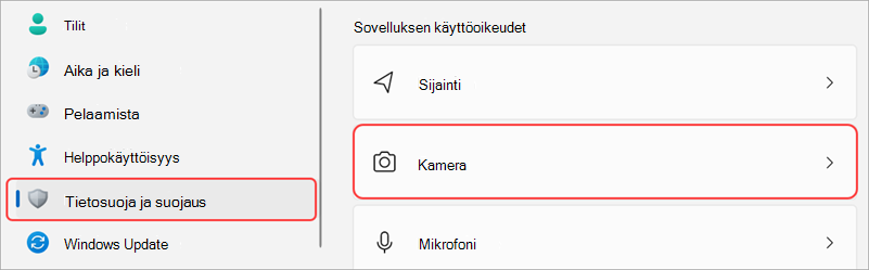 Windowsin asetukset, joissa kameran käyttöliittymä näkyy korostettuna.