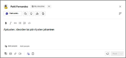 Tekstiruutu, jonka otsikkona on Oma muokkausnäkymä ja Keskustelu-painike, muotoiluasetukset ja paikkamerkit jakamista, henkilöiden lisäämistä ja julkaisemista varten.