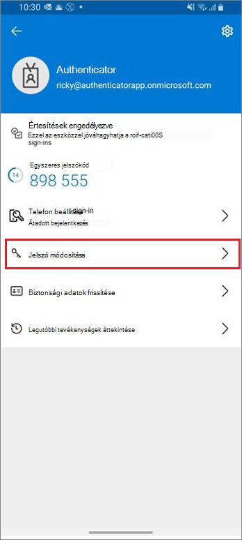 Munkahelyi vagy iskolai fiók kezdőlapja, kiemelt Jelszó módosítása hivatkozással