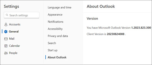 [全般] と [Outlook について] が強調表示されている新しい Outlook for Windows バージョン情報の画像。