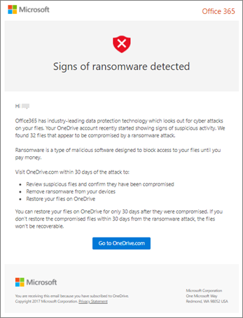Microsoft からのランサムウェア検出メールのスクリーンショット