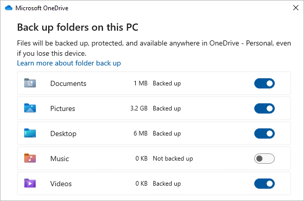 OneDrive フォルダーをバックアップするための選択ダイアログを示すスクリーンショット