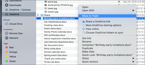 Mac Finder で OneDrive からファイルを削除するための右クリック メニューの選択