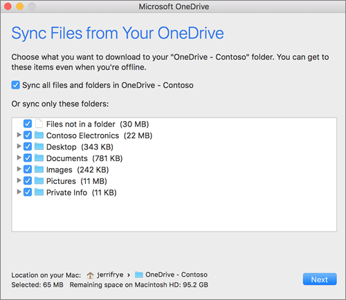 同期するフォルダーまたはファイルを選択するための OneDrive セットアップ メニューのスクリーンショット。