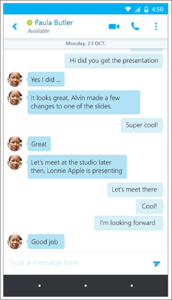 Android용 비즈니스용 Skype 대화 화면