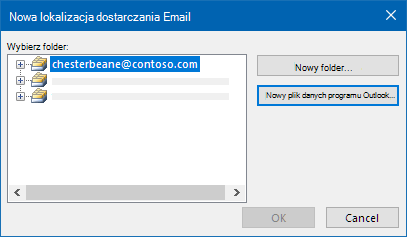 Okno dialogowe lokalizacji dostarczania poczty e-mail w programie Outlook