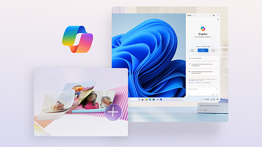 Ilustração de uma captura de ecrã da interface Copilot com um padrão abstrato colorido e circular em segundo plano e uma interface de utilizador com uma captura de ecrã e um botão de carregamento de ficheiros.