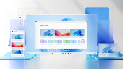 Composição 3D de um esquema de ambiente de trabalho do Windows com vários ecrãs a apresentar interfaces de aplicações diferentes.