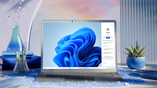 Ilustração 3D a mostrar um portátil com um design azul animado e giratório, aberto ao fundo do ambiente de trabalho do Windows.
