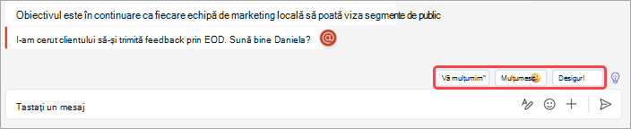 Captură de ecran afișând răspunsurile sugerate în chat