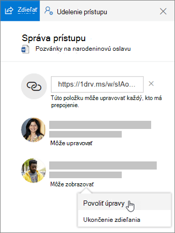 Snímka obrazovky so sekciou Zdieľanie na table Podrobnosti pre zdieľaný súbor.