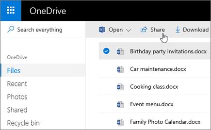 Snímka obrazovky s vybratým súborom a tlačidlom Zdieľať vo OneDrive.