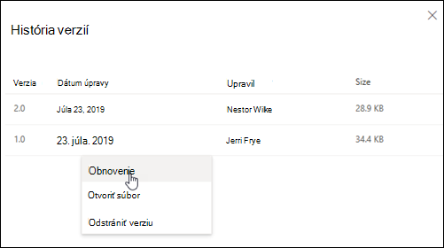 Tabla História verzií