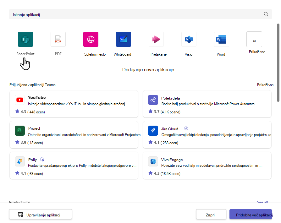 Dodajanje pogovornega okna »Zavihek SharePoint«.