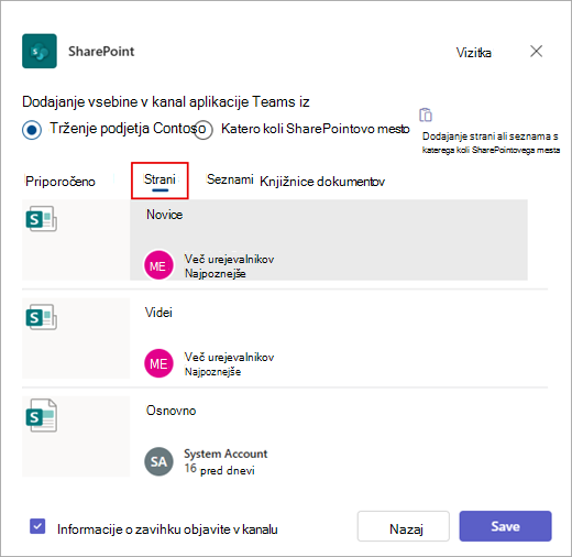 Dodajanje vsebine v kanal aplikacije Teams iz pogovornega okna.