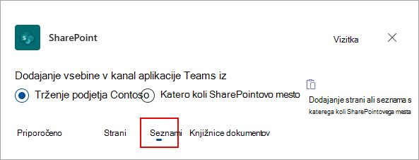 Izberite »Seznami«, da dodate sezname v kanal aplikacije Teams.