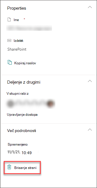 Posnetek zaslona možnosti brisanja strani v podoknu s podrobnostmi strani