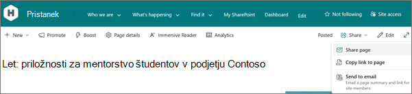 Posnetek zaslona gumba »Skupna raba« na desnem vrhu strani.