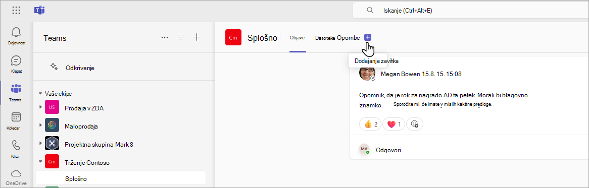 Pogovorno okno, ki prikazuje, kako dodate zavihek SharePoint v kanal v aplikaciji Teams.