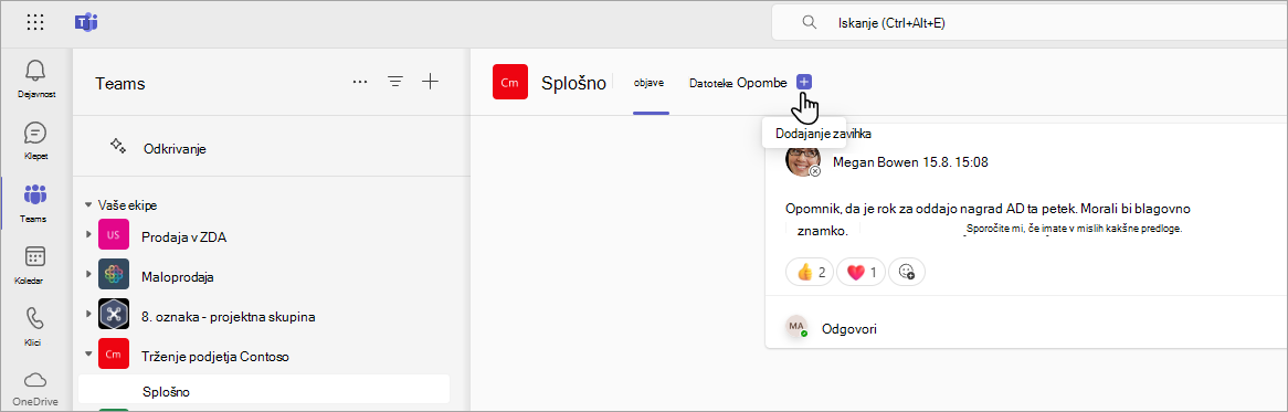 Dodajanje zavihka SharePoint v aplikaciji Teams.
