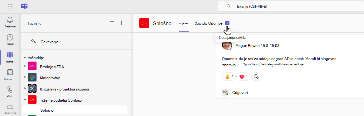 Dodajanje novega zavihka v aplikaciji Teams s SharePointovim URL-jem.