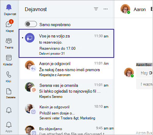 Posnetek zaslona, ki prikazuje potrditev rezervacije mize, ki jo je mogoče rezervirati v viru dejavnosti aplikacije Teams po vtičniku.
