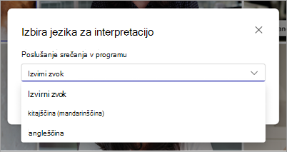 Posnetek zaslona, ki prikazuje spustni meni Izberite jezik tolmačenja v aplikaciji Microsoft Teams.