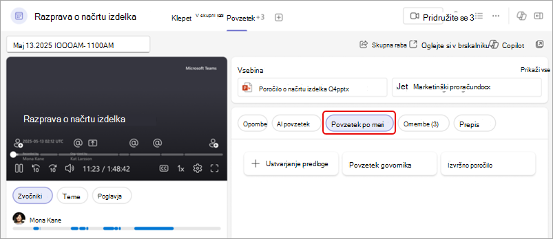 Posnetek zaslona, ki prikazuje prilagojen povzetek povzetka aplikacije Teams, z označenim gumbom »Povzetek po meri«.
