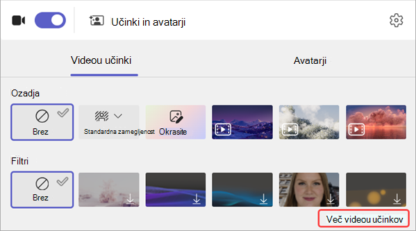 posnetek zaslona z možnostmi filtra za video