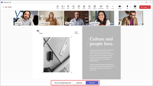 Posnetek zaslona, ki prikazuje izkušnjo tolmača v aplikaciji Microsoft Teams