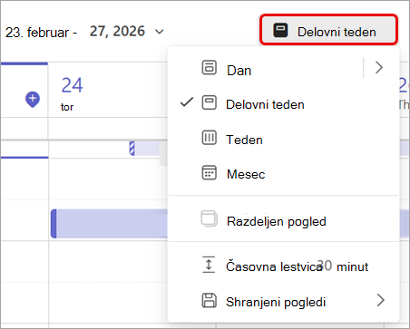 Posnetek zaslona, ki prikazuje pogled delovnega tedna v koledarju aplikacije Teams.