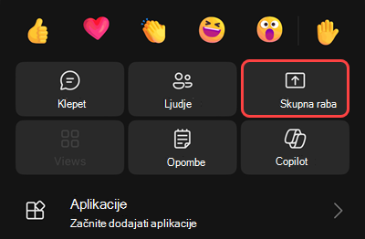 Meni srečanja z možnostmi za začetek snemanja, preklop na čakanje, klicanje samega sebe, skupno rabo, pridobivanje številčnice ali izklop dohodnega videa.