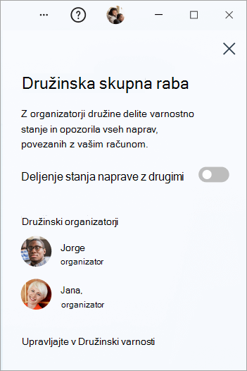 Plošča za skupno rabo družine v Microsoft Defender v sistemu Windows.